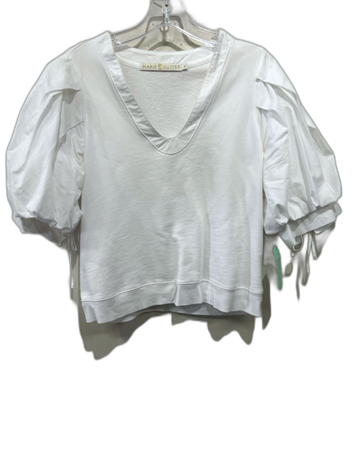 Marie Oliver Size M White Cotton 1/2 Balloon Sleeve Fabric Block V Neck Top White / M