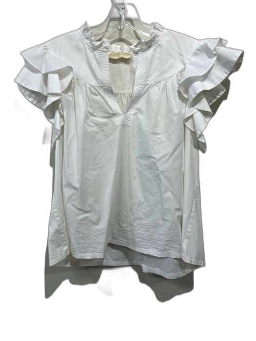 Ulla Johnson Size 10 White Cotton Cap Sleeve Stitch Design Ruffle Neck Boxy Top White / 10