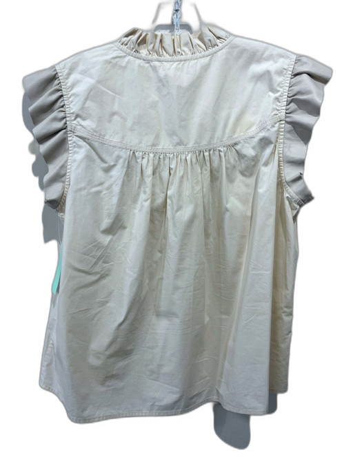 Melissa Nepton Size Large Beige Cotton Ruffle Cap Sleeve Faux Leather Detail Top Beige / Large