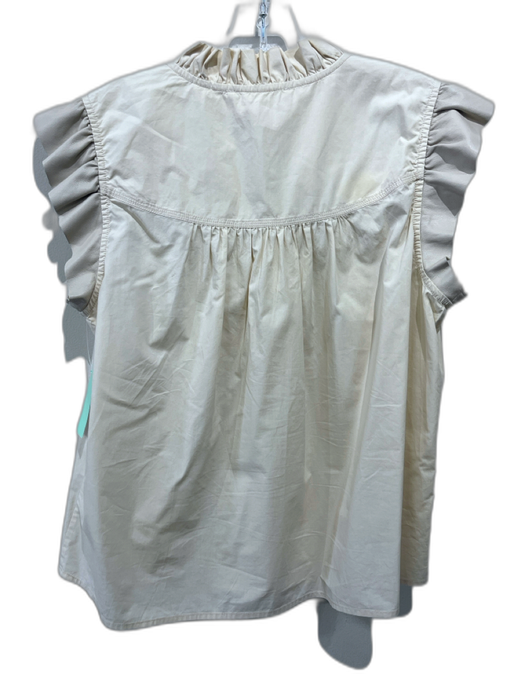 Melissa Nepton Size Large Beige Cotton Ruffle Cap Sleeve Faux Leather Detail Top Beige / Large