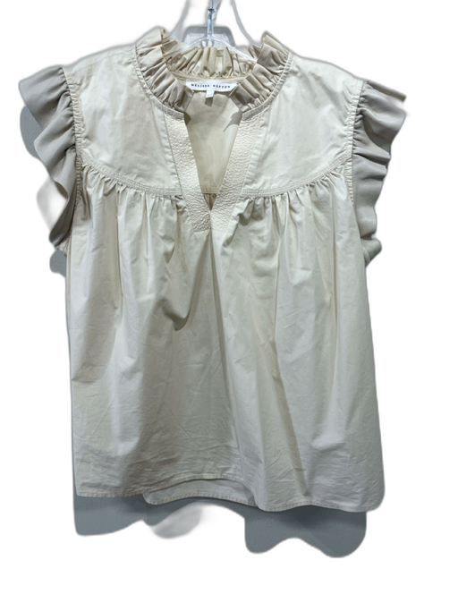 Melissa Nepton Size Large Beige Cotton Ruffle Cap Sleeve Faux Leather Detail Top Beige / Large