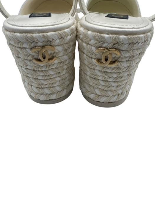 Chanel Shoe Size 42 White & Black Leather Raffia Base Cap Toe Espadrille Sandals White & Black / 42