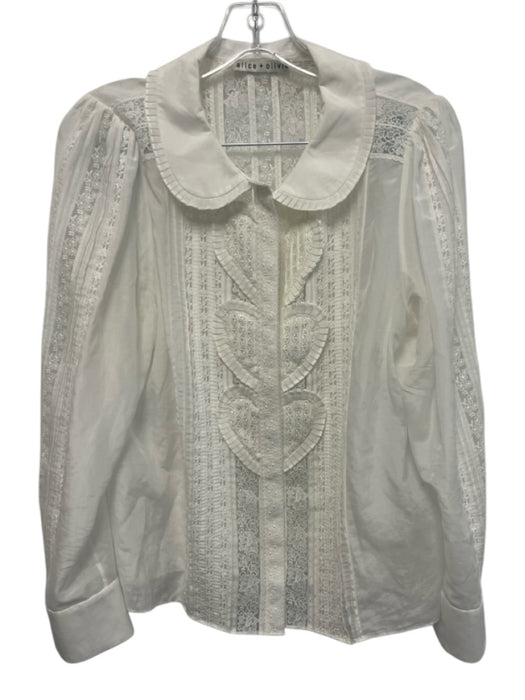 Alice + Olivia Size L White Cotton & Silk Embroidered Lace Trim 3/4 Sleeve Top White / L