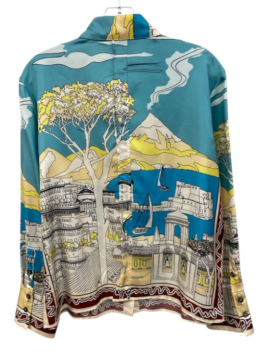 Callas Size L Blue & Multi Silk Button Front Printed Collared Long Sleeve Top Blue & Multi / L
