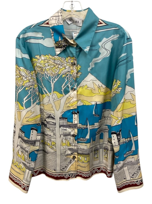 Callas Size L Blue & Multi Silk Button Front Printed Collared Long Sleeve Top Blue & Multi / L