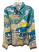Callas Size L Blue & Multi Silk Button Front Printed Collared Long Sleeve Top Blue & Multi / L