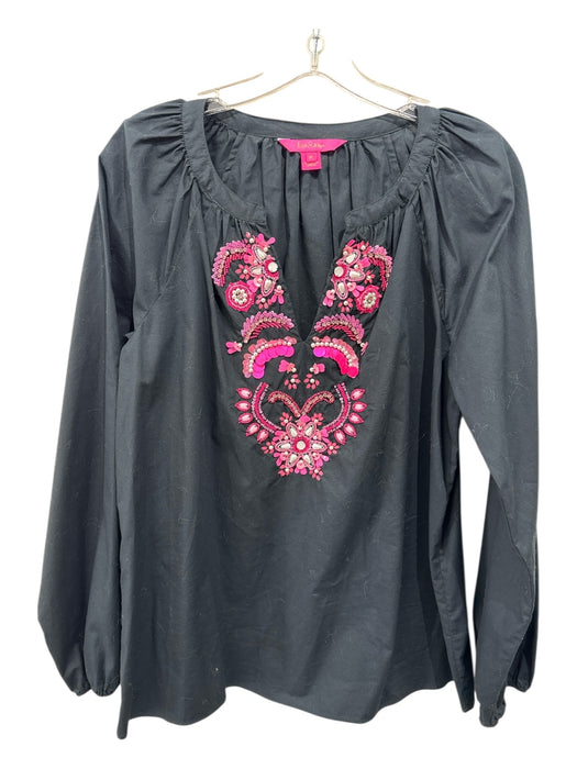 Lilly Pulitzer Size M Black & Pink Cotton Split V Neck Beaded Top Black & Pink / M
