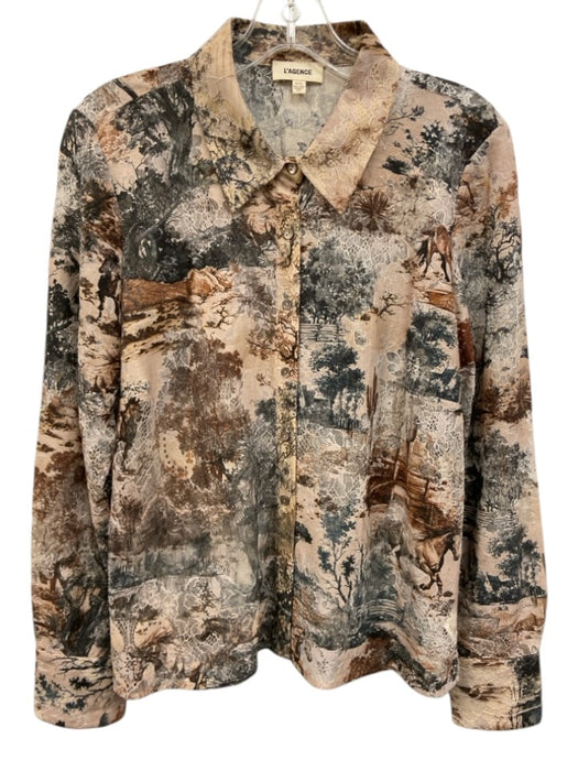 L'agence Size XL Beige Multi Nylon Blend Button Front Lace Detail Printed Top Beige Multi / XL