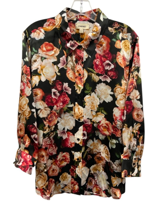 L'agence Size XL Black Multi Silk Flora & Fauna 3/4 Sleeve Top Black Multi / XL