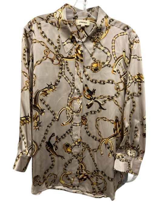 L'agence Size XL Grey & Multi Silk Button Front Printed Long Sleeve Top Grey & Multi / XL