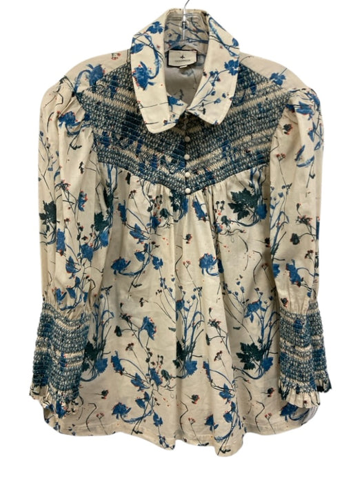 Tuckernuck Size XXL Beige & Multi Cotton 1/4 Button Floral Smocked Top Beige & Multi / XXL
