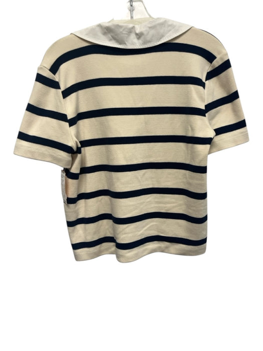 Tanya Taylor Size L Cream & Black Cotton Blend V Neck Striped Collared Top Cream & Black / L