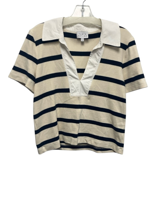 Tanya Taylor Size L Cream & Black Cotton Blend V Neck Striped Collared Top Cream & Black / L