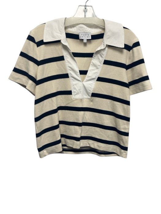 Tanya Taylor Size L Cream & Black Cotton Blend V Neck Striped Collared Top Cream & Black / L