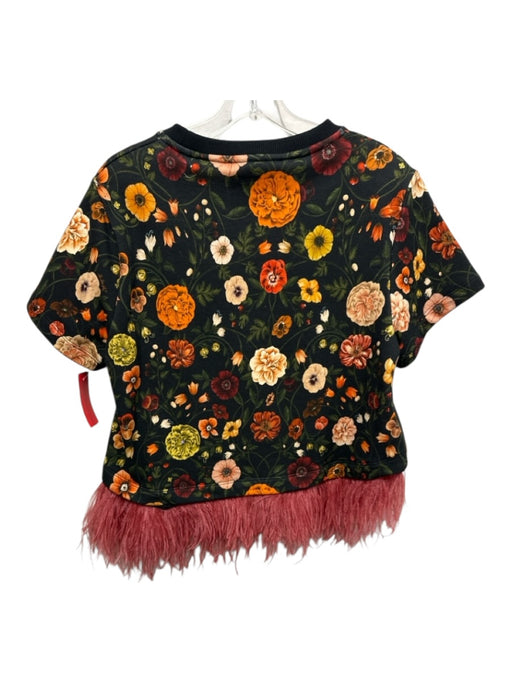 La Double J Size L Black & Multi Cotton & Ostrich Feathers floral print Top Black & Multi / L