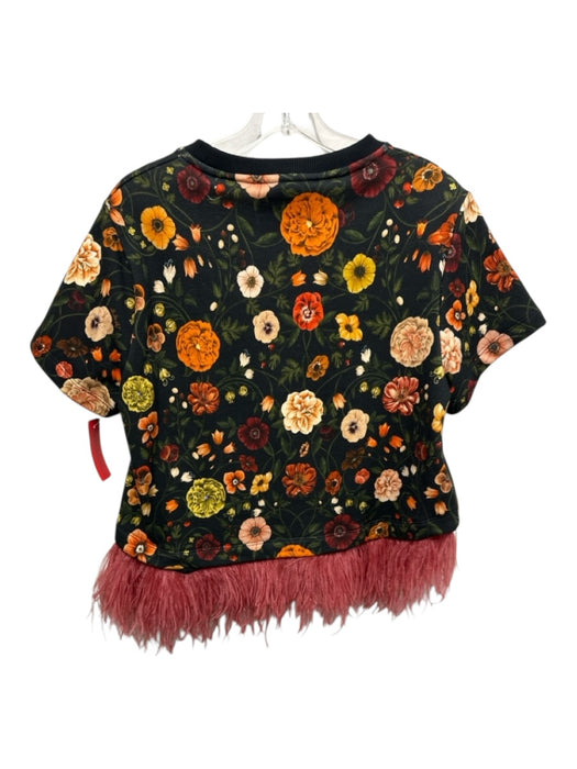 La Double J Size L Black & Multi Cotton & Ostrich Feathers floral print Top Black & Multi / L