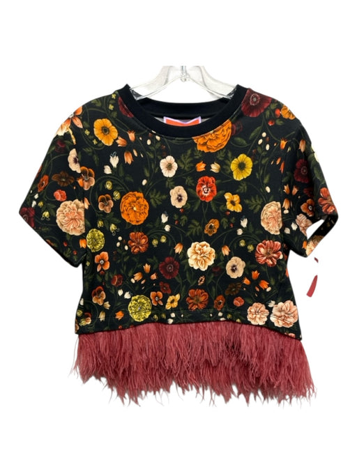 La Double J Size L Black & Multi Cotton & Ostrich Feathers floral print Top Black & Multi / L