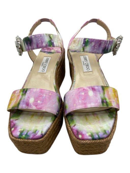 Jimmy Choo Shoe Size 41 Pink & Multi Canvas Espadrille Bejeweled Buckle Sandals Pink & Multi / 41