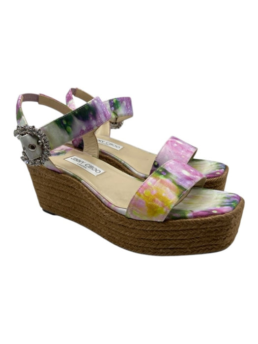 Jimmy Choo Shoe Size 41 Pink & Multi Canvas Espadrille Bejeweled Buckle Sandals Pink & Multi / 41