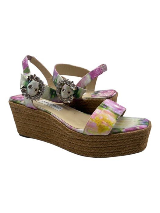 Jimmy Choo Shoe Size 41 Pink & Multi Canvas Espadrille Bejeweled Buckle Sandals Pink & Multi / 41