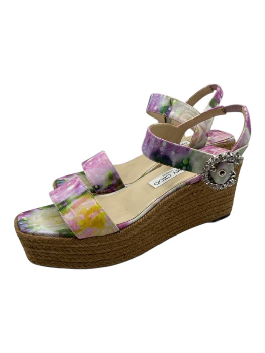 Jimmy Choo Shoe Size 41 Pink & Multi Canvas Espadrille Bejeweled Buckle Sandals Pink & Multi / 41