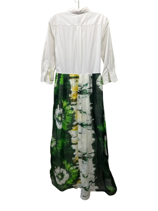 Sara Roka Size 42 White & Multi Silk Long Sleeve Button Up Sheer Overlay Dress White & Multi / 42