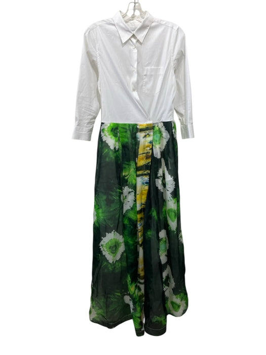 Sara Roka Size 42 White & Multi Silk Long Sleeve Button Up Sheer Overlay Dress White & Multi / 42