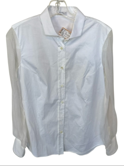 Brunello Cucinelli Size L White Cotton Blend Long Sheer Sleeves Button Down Top White / L