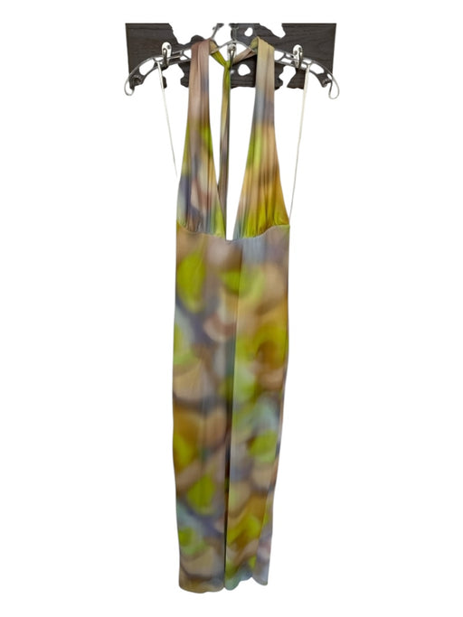 Zara Size S Yellow & Green Polyester Halter Neck Abstract Open Back Maxi Dress Yellow & Green / S