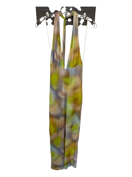 Zara Size S Yellow & Green Polyester Halter Neck Abstract Open Back Maxi Dress Yellow & Green / S