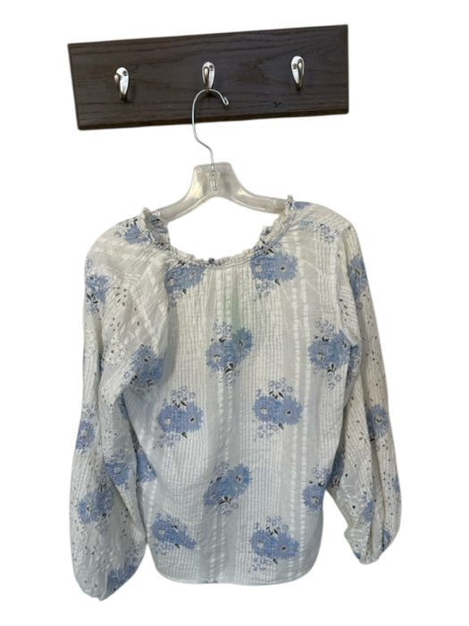 Loveshackfancy Size S White & Blue Cotton Long Balloon Sleeve Floral Buttons Top White & Blue / S