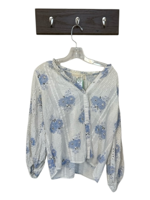 Loveshackfancy Size S White & Blue Cotton Long Balloon Sleeve Floral Buttons Top White & Blue / S