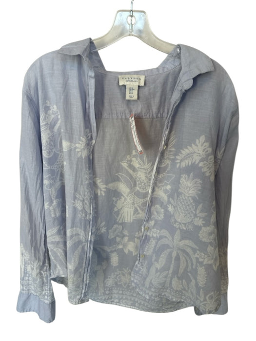 Calypso Size M Blue & White Cotton Long Sleeve Tropical Button Down Top Blue & White / M