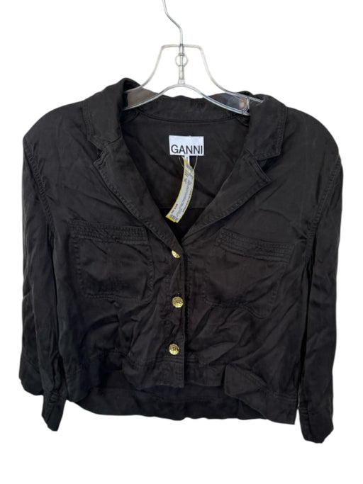 Ganni Size 36 Black Viscose & Cupro Collar Cropped Front Pocket Gold button Top Black / 36
