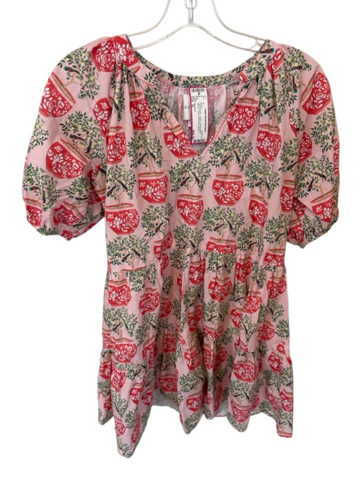Marigold Size M Pink & Green Cotton Short Balloon Sleeve Trees Plant Print Dress Pink & Green / M