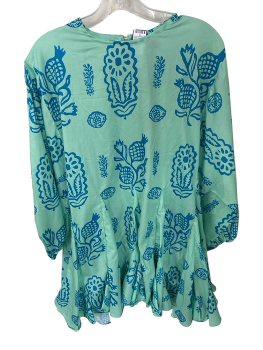 Beulah Size L Mint & blue Nature Print Puff Long Sleeve Ruffle Hem Mini Dress Mint & blue / L