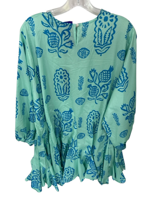Beulah Size L Mint & blue Nature Print Puff Long Sleeve Ruffle Hem Mini Dress Mint & blue / L
