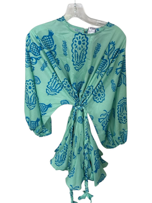 Beulah Size L Mint & blue Nature Print Puff Long Sleeve Ruffle Hem Mini Dress Mint & blue / L