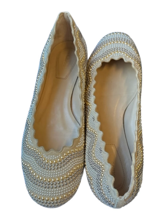 Chloe Shoe Size 36.5 Tan & Silver Suede Studded Scallop Detail Ballet Flats Tan & Silver / 36.5