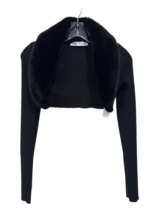 Zara Size Small Black Polyamide Blend Long Sleeve Ribbed Cropped Cardigan Black / Small