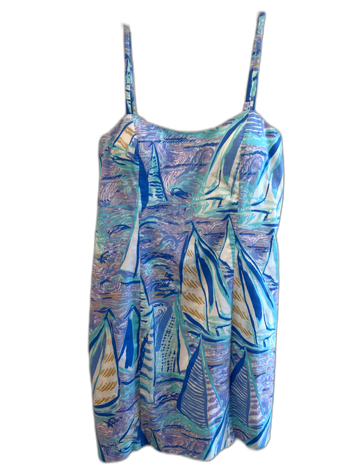 Lily Pulitzer Size 4 Blue & White Cotton & Spandex Sailboats Sleeveless Dress Blue & White / 4