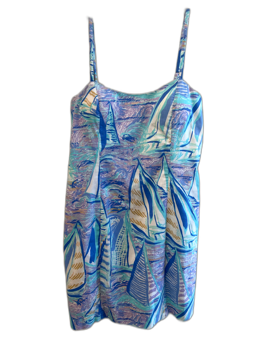 Lily Pulitzer Size 4 Blue & White Cotton & Spandex Sailboats Sleeveless Dress Blue & White / 4