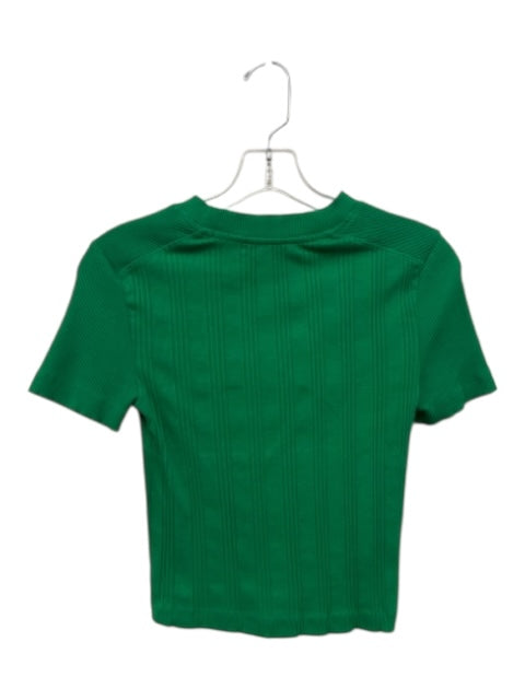 Zara Size M Green Cotton Blend Crew Neck Ribbed Short Sleeve T Shirt Top Green / M