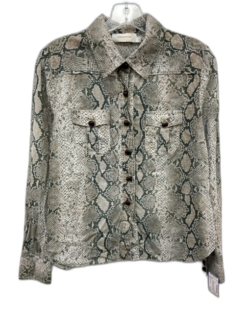 Zimmermann Size 2 Gray & Beige Cotton Snake Print Long Sleeve Button Up Top Gray & Beige / 2