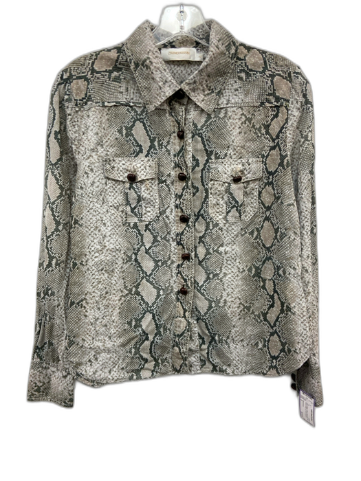 Zimmermann Size 2 Gray & Beige Cotton Snake Print Long Sleeve Button Up Top Gray & Beige / 2