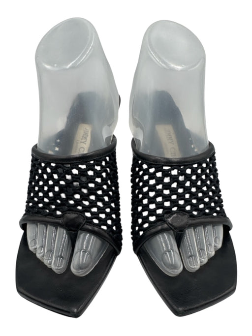 Jimmy Choo Shoe Size 38.5 Black Leather & Mesh Square Toe Mesh Thong Sandals Black / 38.5