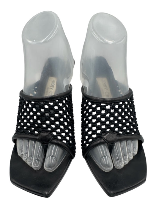 Jimmy Choo Shoe Size 38.5 Black Leather & Mesh Square Toe Mesh Thong Sandals Black / 38.5