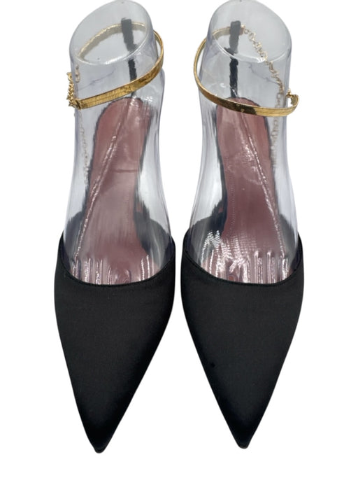 Amina Muaddi Shoe Size 38.5 Black & Gold Satin Pointed Toe Gold Chain Pumps Black & Gold / 38.5