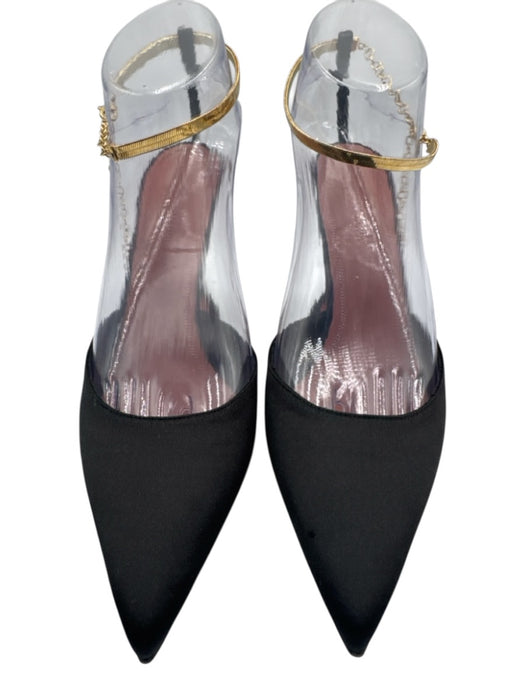 Amina Muaddi Shoe Size 38.5 Black & Gold Satin Pointed Toe Gold Chain Pumps Black & Gold / 38.5