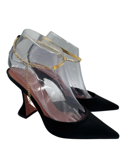 Amina Muaddi Shoe Size 38.5 Black & Gold Satin Pointed Toe Gold Chain Pumps Black & Gold / 38.5